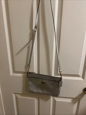 Coach Silver Polly Pebbled Leather Crossbody Bag with Turn-Lock Accent